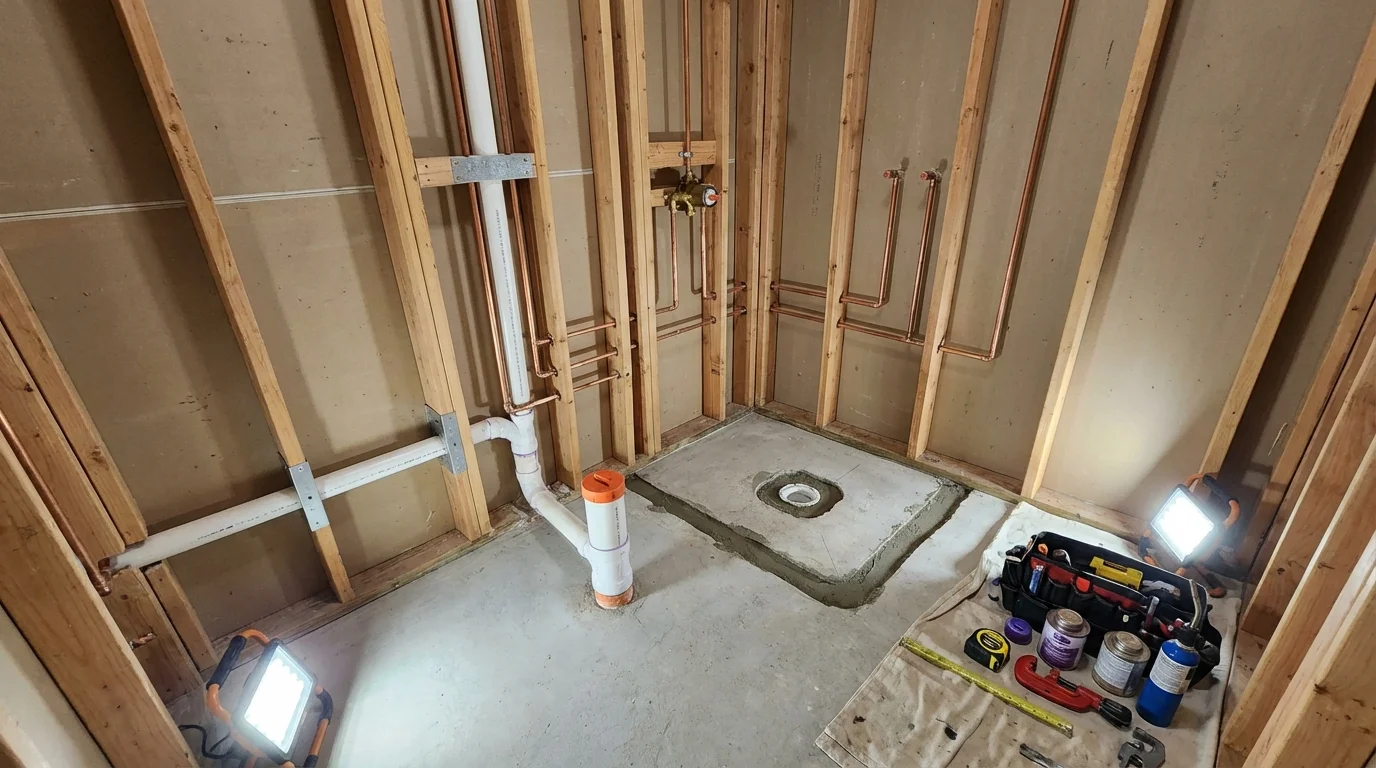Bathroom rough-in plumbing during remodel by Johns Plumbing LLC in Commerce