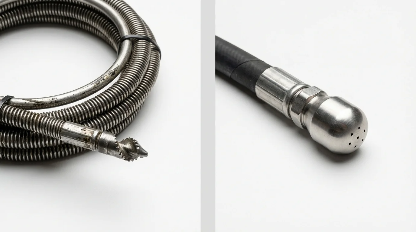 Drain snake cable and hydro jetting nozzle used for drain cleaning in Commerce, TX