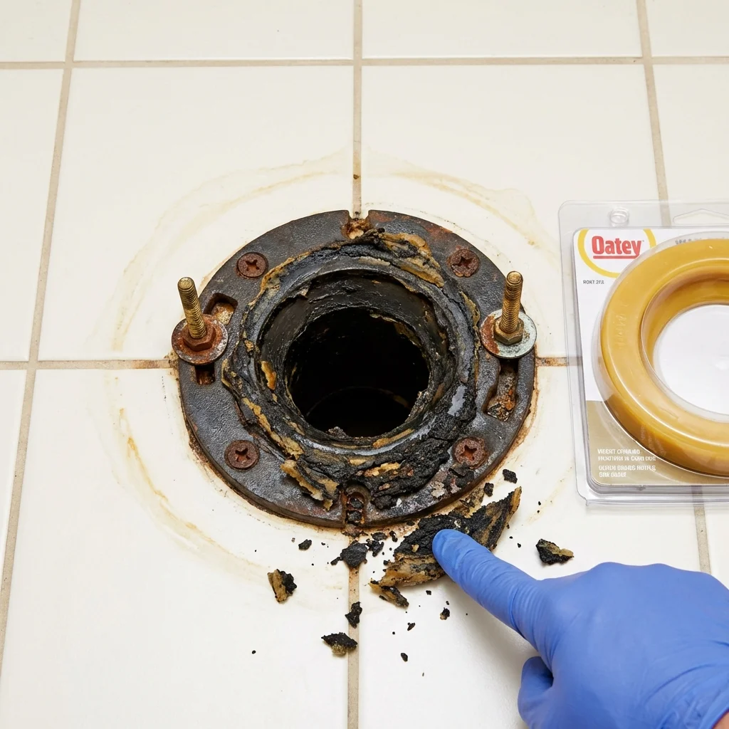 Failed wax ring showing water seepage at the base of a toilet in a Commerce, TX home