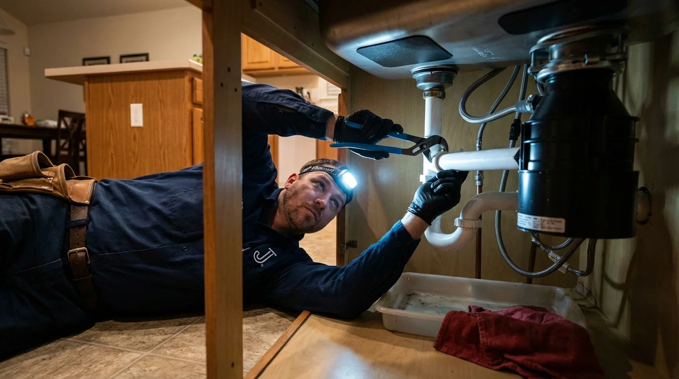 P-trap and supply line connections under a kitchen sink showing a common leak point in Commerce, TX